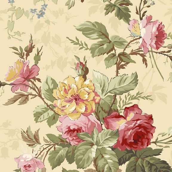Kathleen's Story wideback floral quilt fabric by Chris Schulte with large multi-colored florals and paisley designs