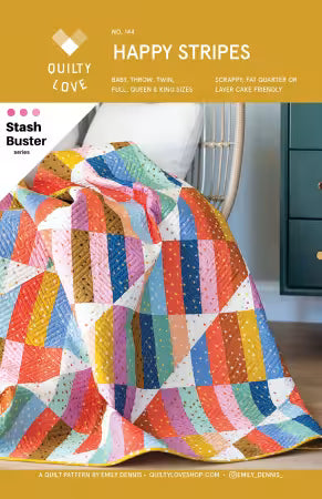 Colorful Happy Stripes quilt pattern by Emily Dennis, suitable for all quilt sizes and scrap fabrics