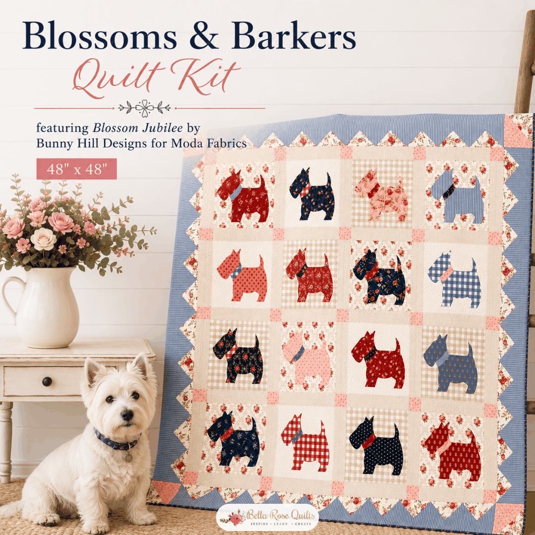 Blossoms & Barkers Quilt Kit featuring Blossom Jubilee fabric pieces and applique design by Bunny Hill Designs
