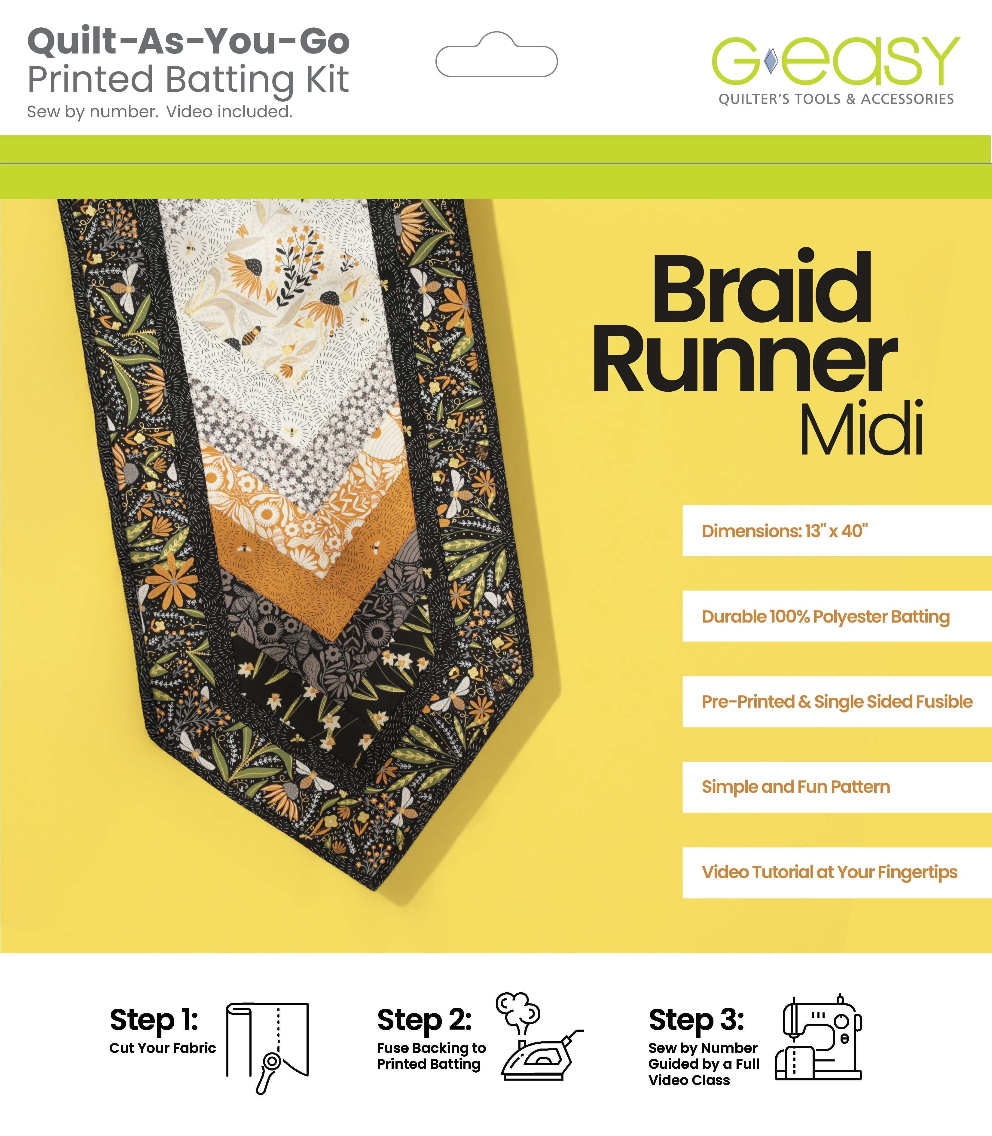 Braid Runner Midi Quilt-As-You-Go Batting Kit with fusible printed batting and pattern for table runner quilting project