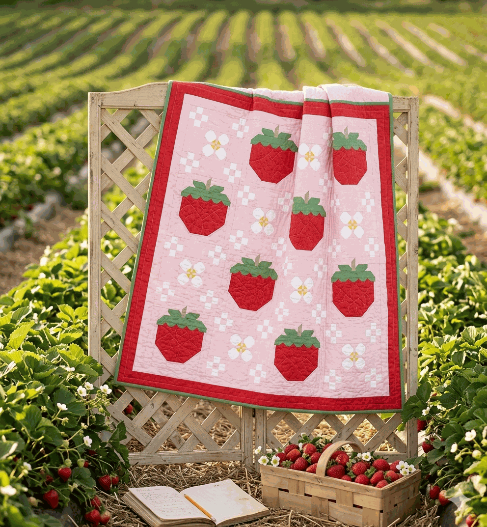 Strawberry Blossom Quilt Kit featuring 70x70 inch summery quilt top with Berry & Sage fabrics by Lori Holt