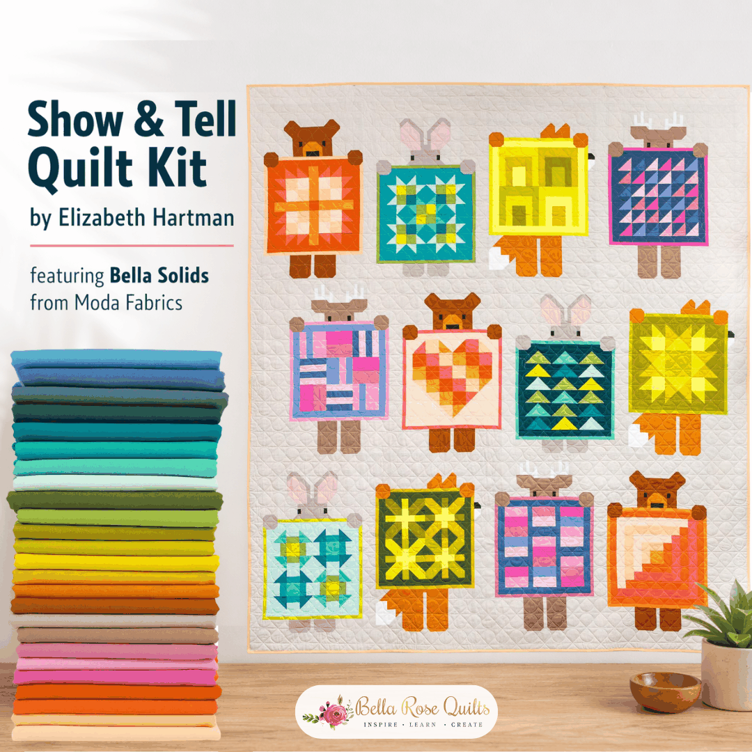 Show & Tell Quilt Kit by Elizabeth Hartman with Bella Solids fabric, 75x85 inches quilting project