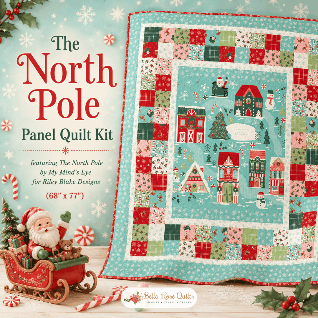 The North Pole Panel Quilt Kit featuring flannel fabrics and free pattern from My Mind's Eye for a 68x77 inch quilt top