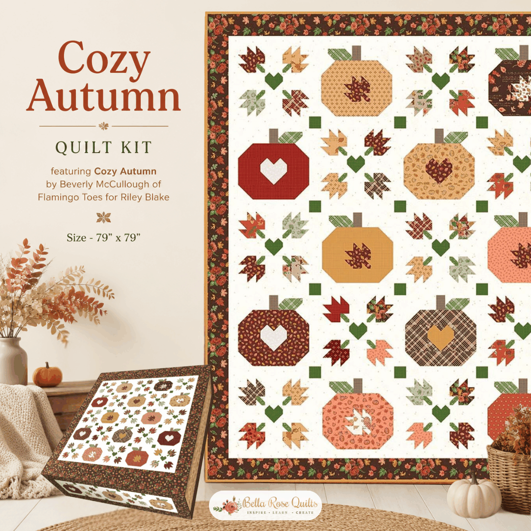 Cozy Autumn Quilt Kit by Beverly McCullough pre-order with autumn-themed fabric and pattern 79x79 inches