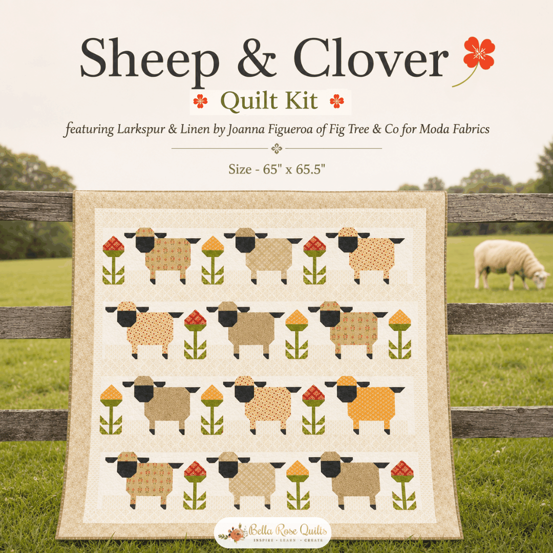 Sheep & Clover Quilt Kit by Fig Tree & Co featuring Larkspur & Linen fabrics, 65x65 inch quilt top, pre-order with boxed and backing options