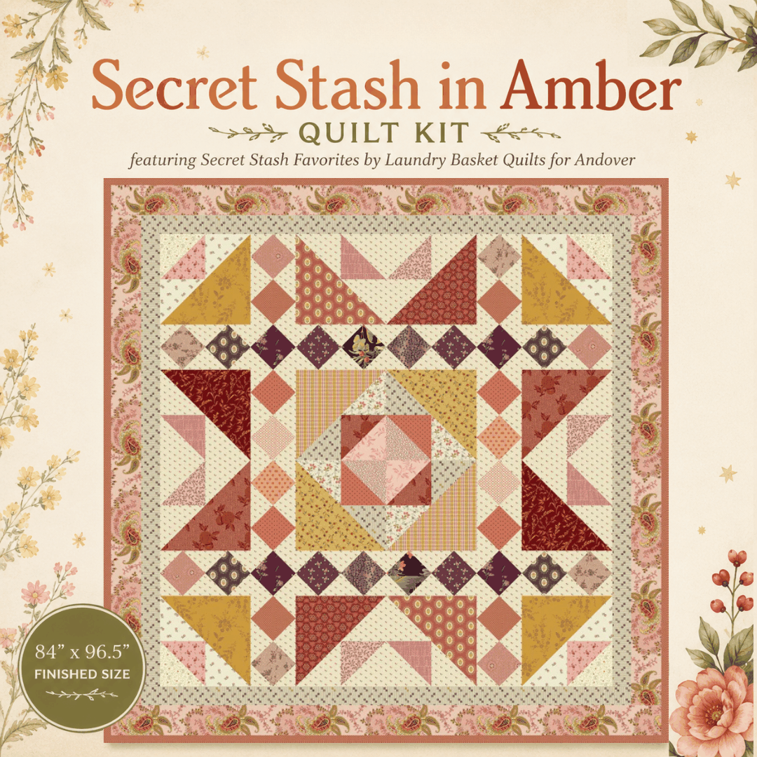 Pre-Order Secret Stash in Amber Quilt Kit with fabrics and pattern by Laundry Basket Quilts, 84x96.5 inches
