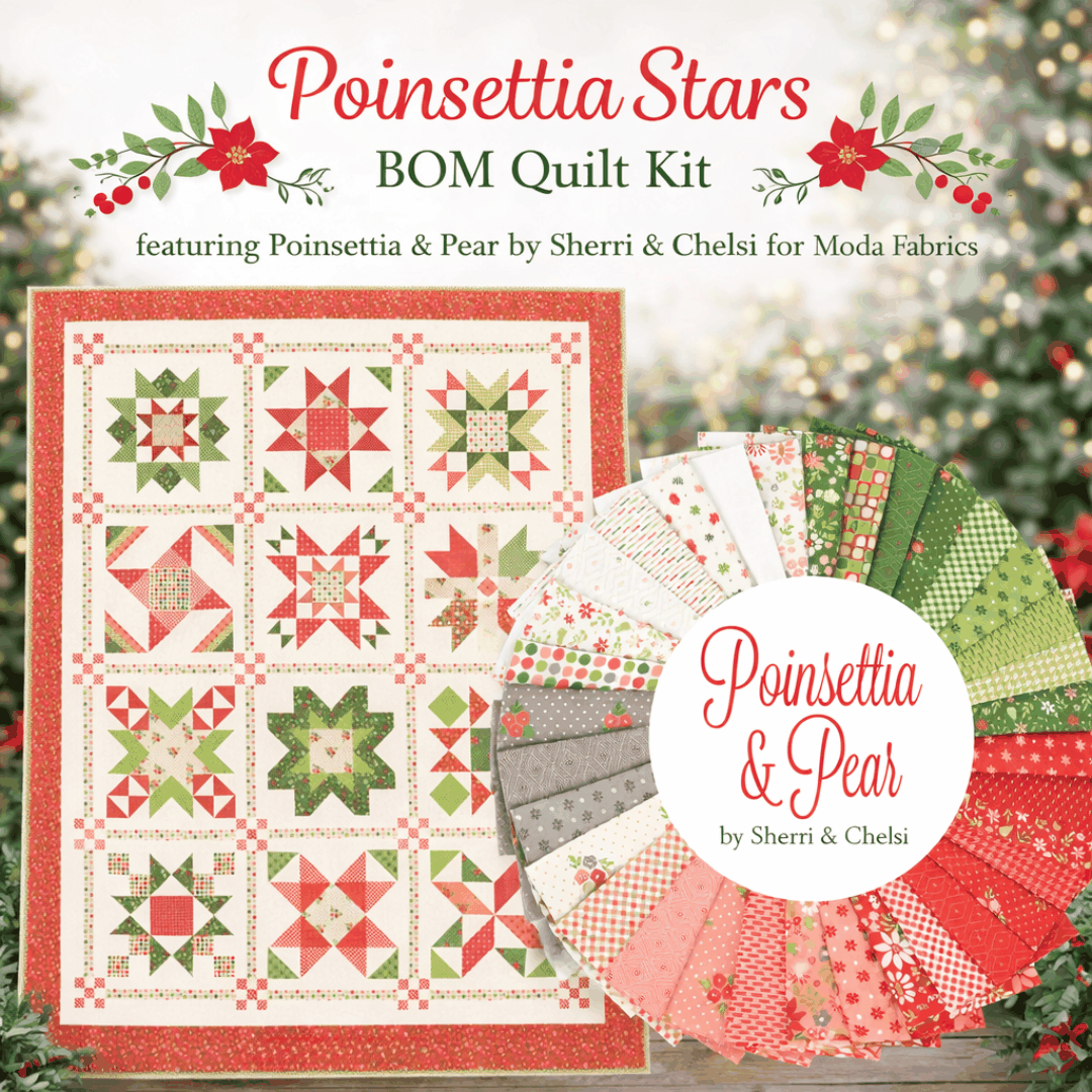 Pre-Order Poinsettia Stars BOM Quilt Kit with poinsettia and pear fabric by Sherri & Chelsi for Moda Fabrics