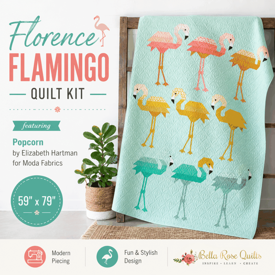 Florence Flamingo Quilt Kit featuring Popcorn fabric by Elizabeth Hartman, 59x79 inches, pre-order shipping November 2026