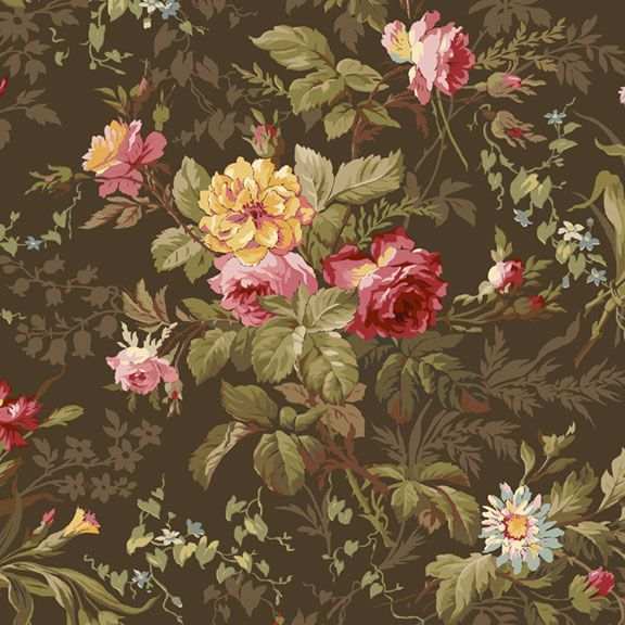 Kathleen's Story medium floral brown fabric by Chris Schulte with delicate florals and paisley patterns