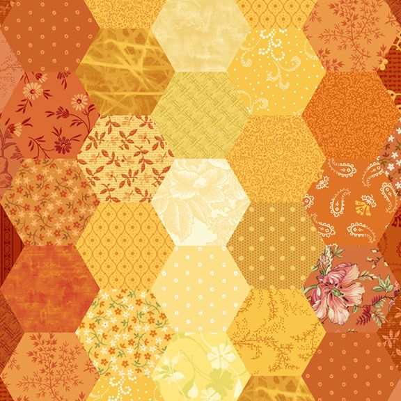 Patrick's Promise Hexagon Multi fabric by Chris Schulte for Marcus Fabrics showcasing a warm, traditional quilting design sold in half-yard increments