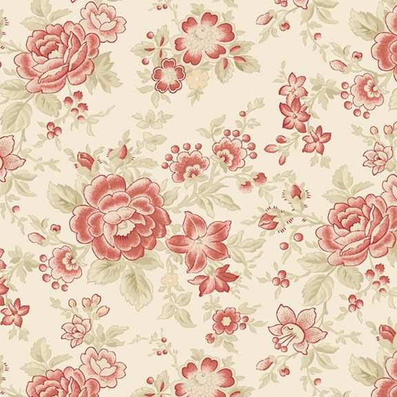 Love Letters Large Floral Cream fabric by Dawn Heese with floral and heart motifs on cream background