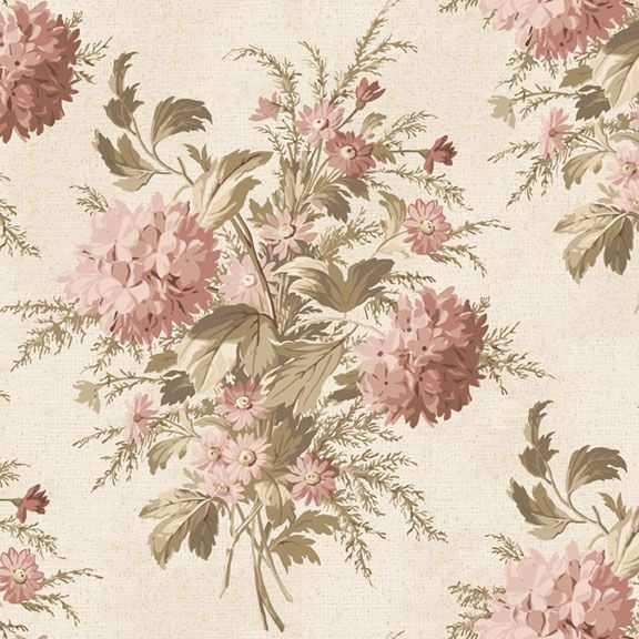 Yardley House Girder Cream cotton fabric with floral bouquets and plaid accents by Marcus Fabrics