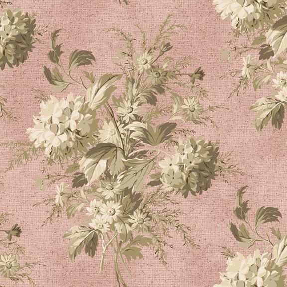 Yardley House Girder Pink vintage floral cotton fabric with pink bouquets and beige backdrop