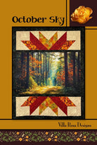 October Sky Pattern quilt design by Villa Rosa Designs with autumn forest photo and leaf motifs, 48"x60" finish size
