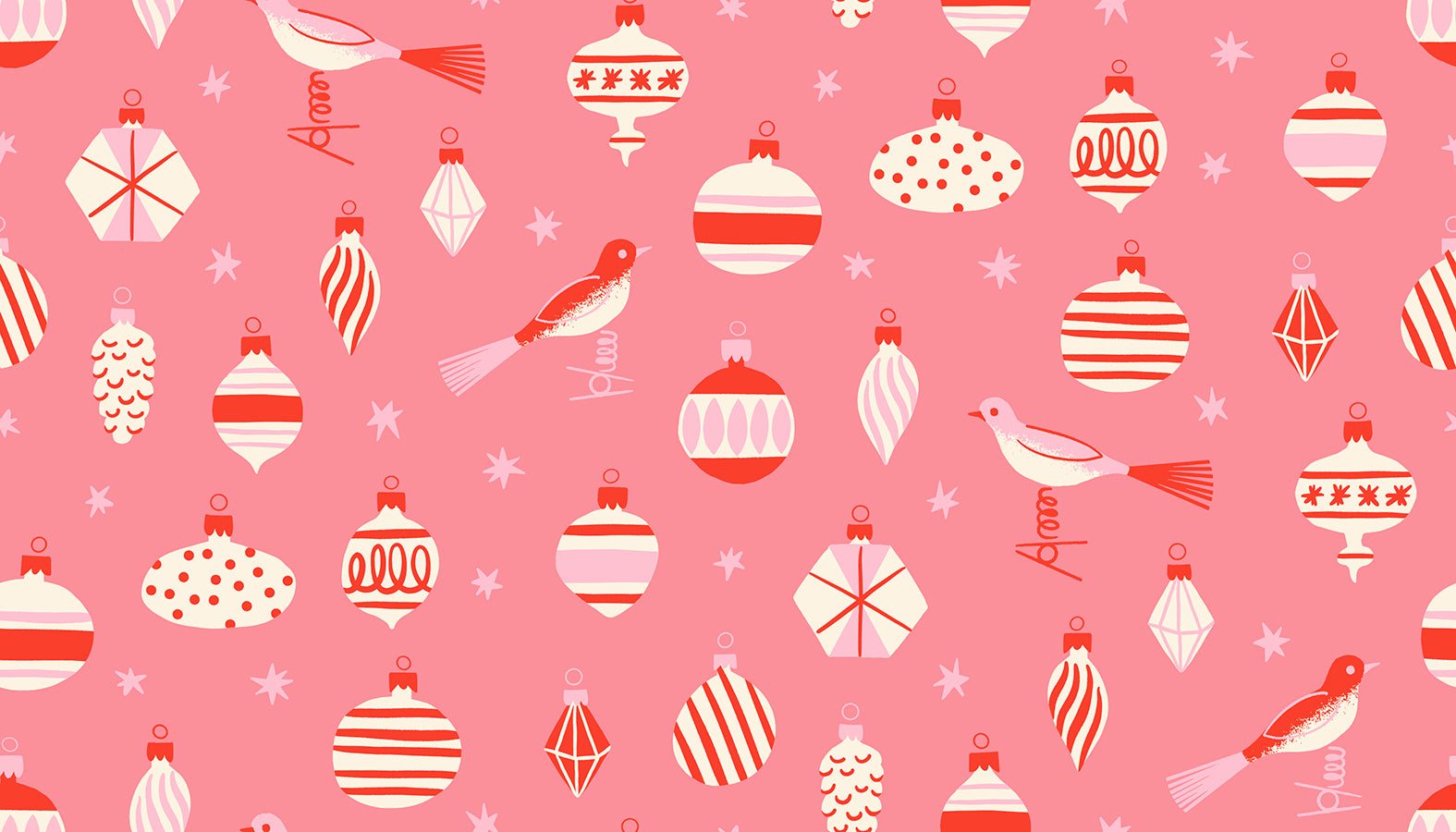 Merry Happy Baubles Christmas novelty ornaments fabric by Kimberly Kight with colorful holiday baubles and lights