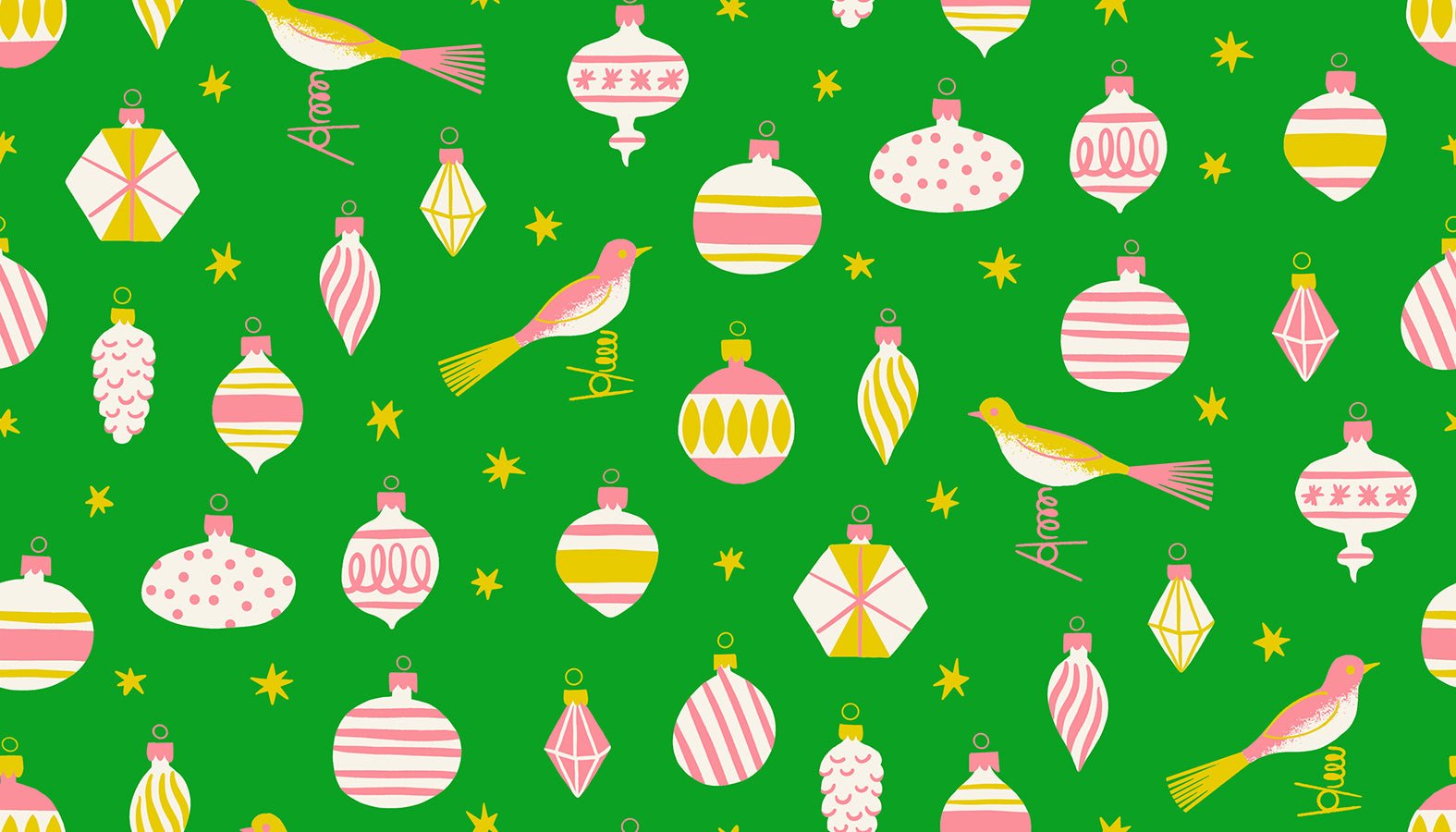 Merry Happy Baubles Christmas novelty ornaments fabric by Kimberly Kight with bold 1970s holiday colors and classic baubles pattern