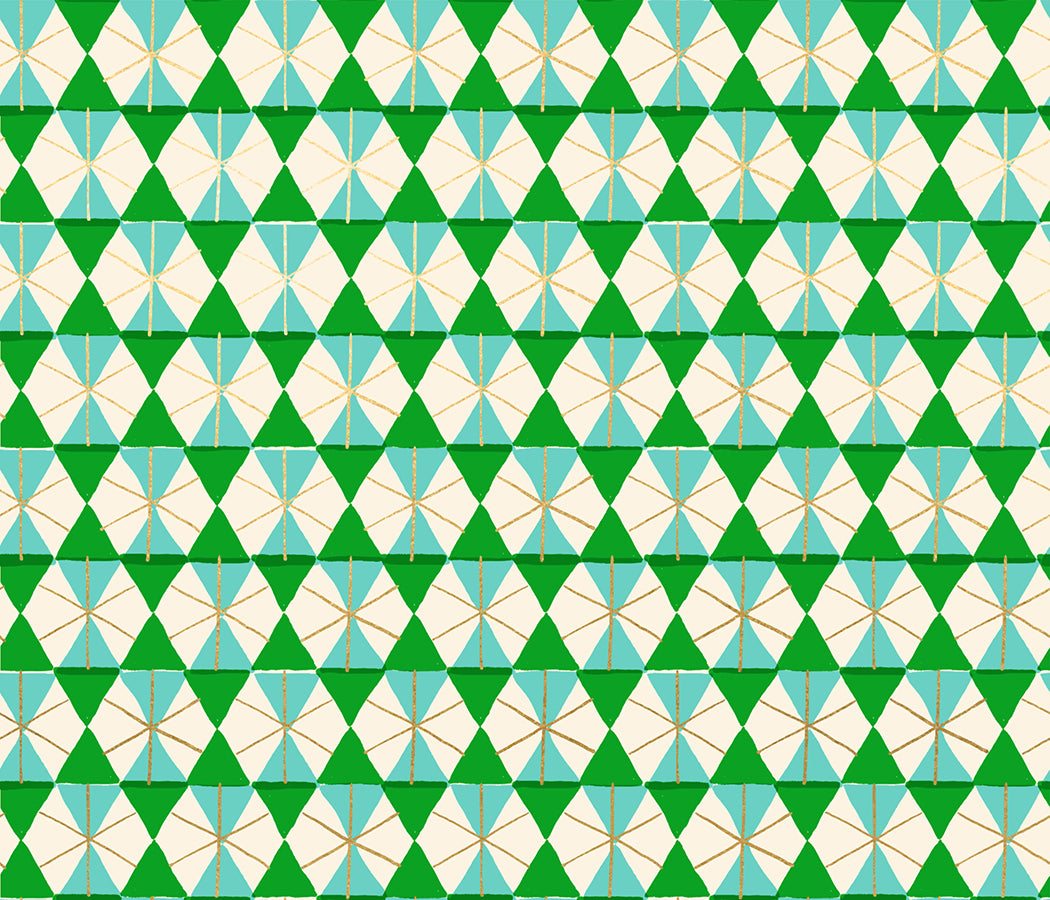 Merry Happy Happy Hexie Christmas vintage geometric plaid fabric with metallic verdant accents by Kimberly Kight