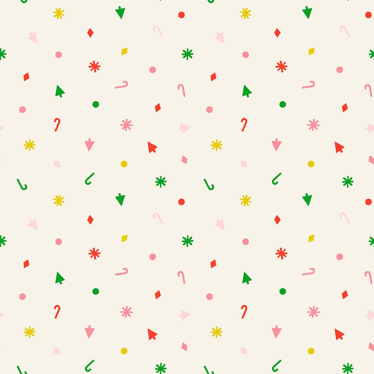 Merry Happy Christmas fabric with festive confetti, snowflakes, and candy canes by Kimberly Kight