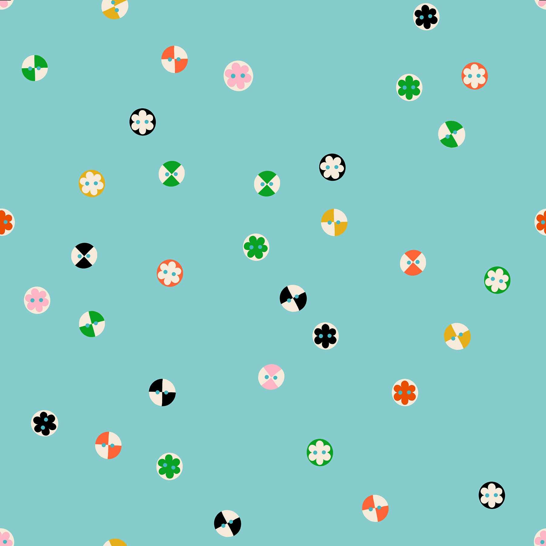 Colorful 1 800 Notion Buttons fabric by Ruby Star Society with sewing-themed motifs on cloudless background