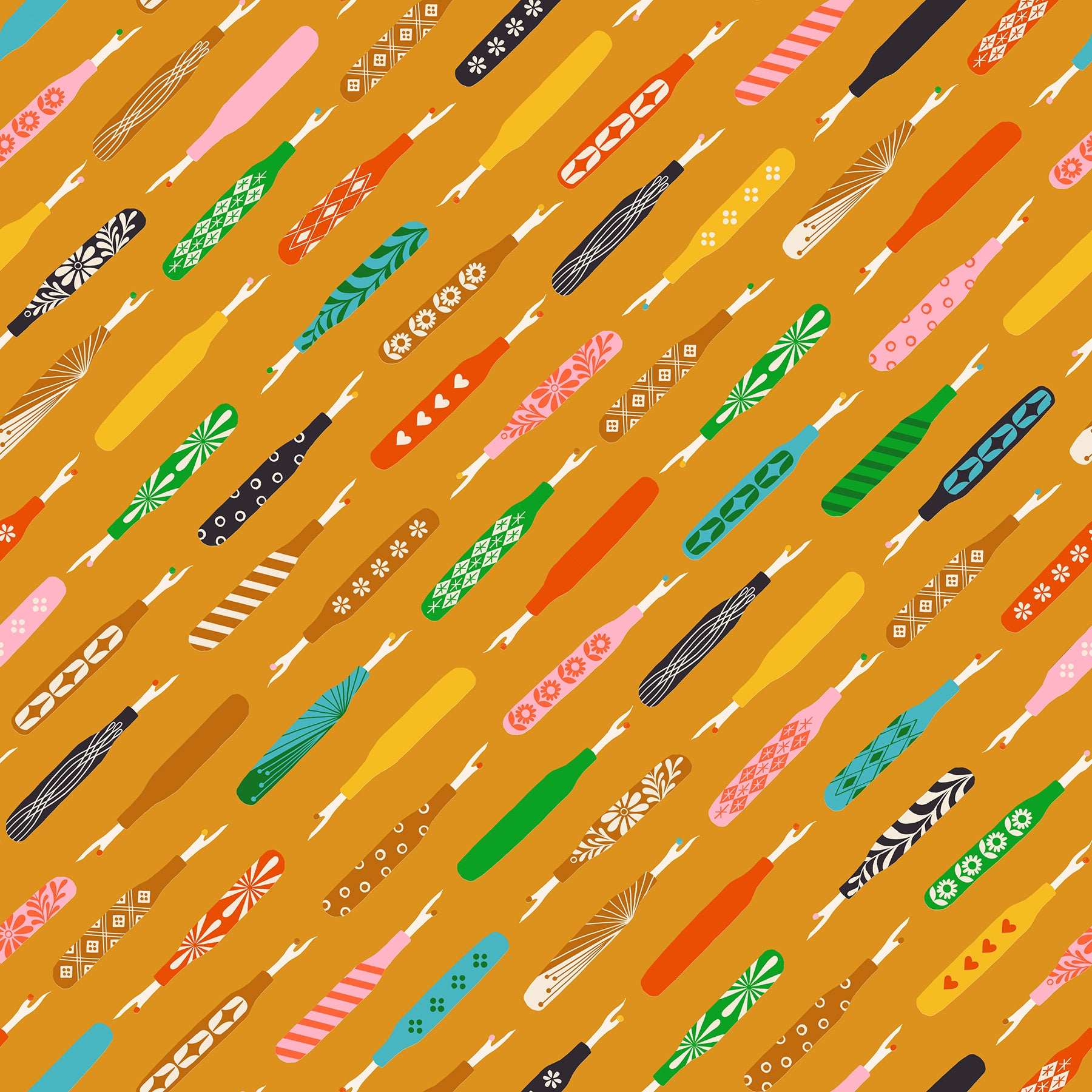 1-800 Notion seam ripper fabric by Ruby Star Society with colorful sewing motifs on honey background