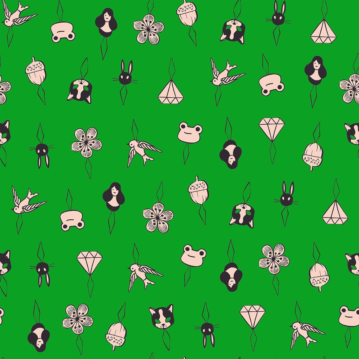 Deep verdant Notion Thread Charms fabric by Ruby Star Society with colorful sewing notions on green background