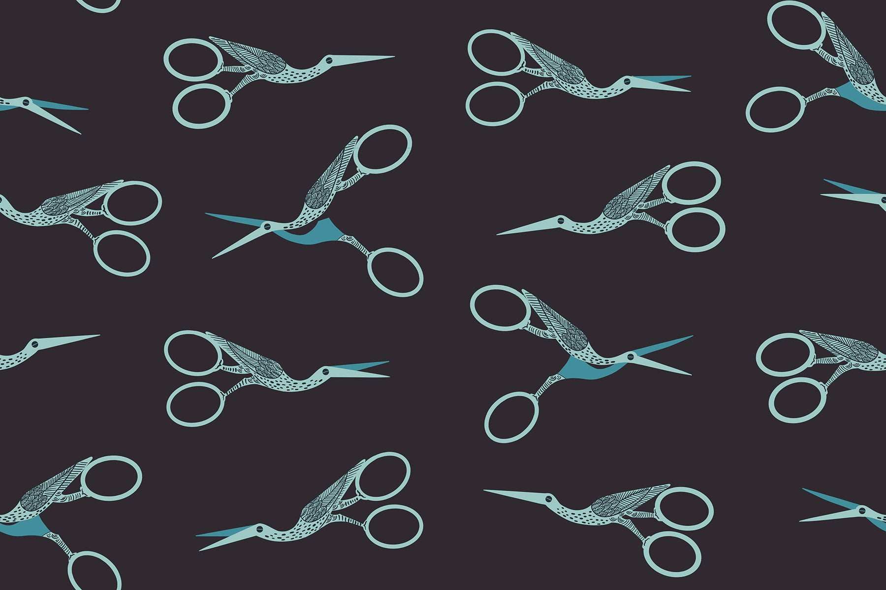 Notion Stork Scissors fabric pattern in soft black by Ruby Star Society for quilting and sewing projects
