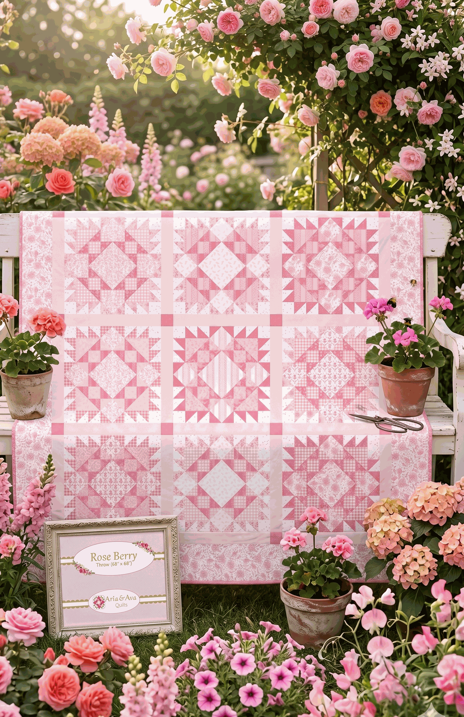 Rose Berry Quilt Kit with Sweet Pink fabric bundle and pattern by My Mind's Eye for Riley Blake Designs, 68x68 inches
