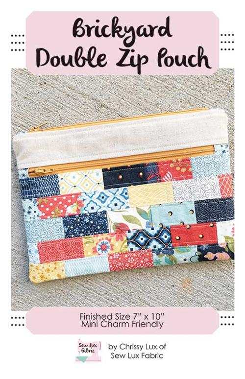 Brickyard Double Zip Pouch by Chrissy Lux, 7x10 inch colorful patchwork design, Sew Lux Fabrics