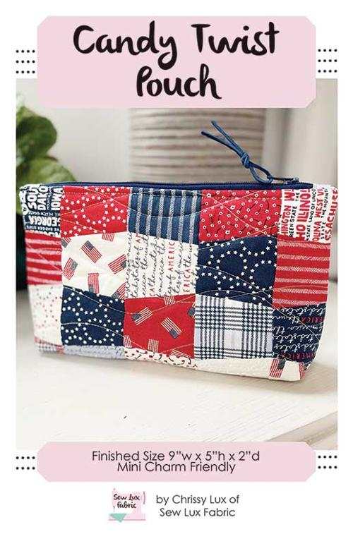 Candy Twist Pouch by Chrissy Lux with red, white, and blue patchwork design, 9x5x2 inches