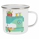 Lori Holt Vintage Happy 2 enamel tin mug with sewing machine design and 20-ounce capacity