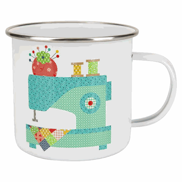 Lori Holt Vintage Happy 2 enamel tin mug with sewing machine design and 20-ounce capacity