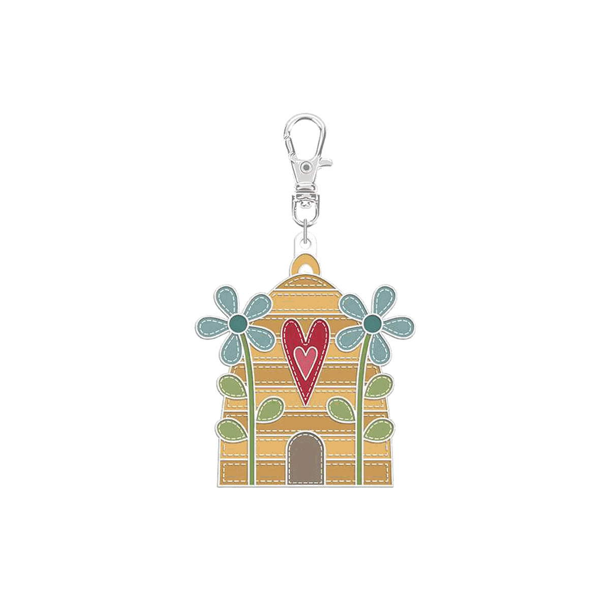 Lori Holt Enamel Happy Charm Beehive keychain with floral design and heart detail