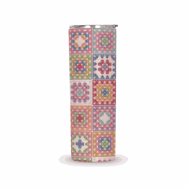 Lori Holt Crochet Tumbler with colorful crocheted granny squares and stainless steel double-wall design