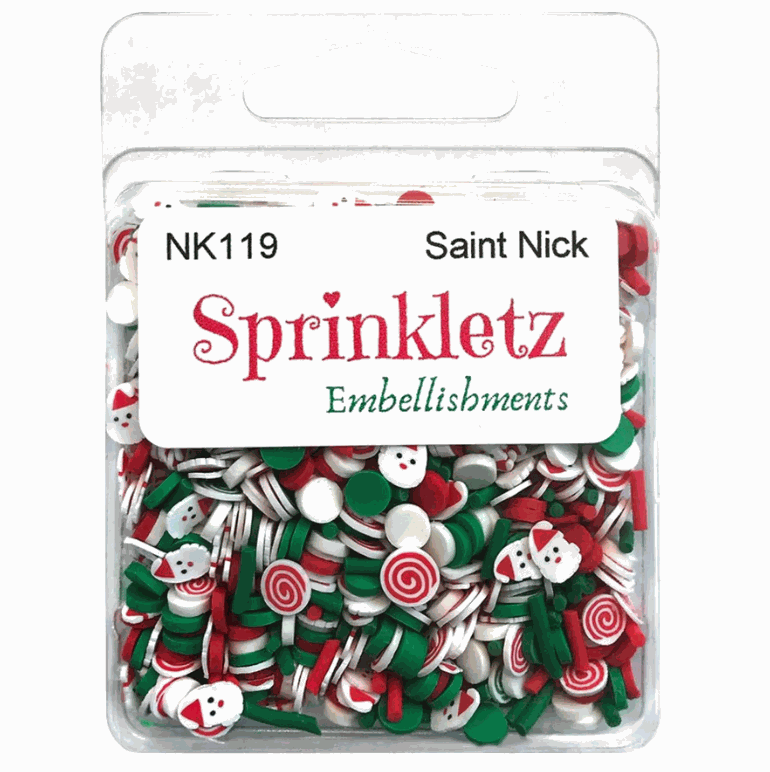 Sprinkletz Embellishments Saint Nick Christmas-themed polymer clay sprinkles and peppermint candy decorations