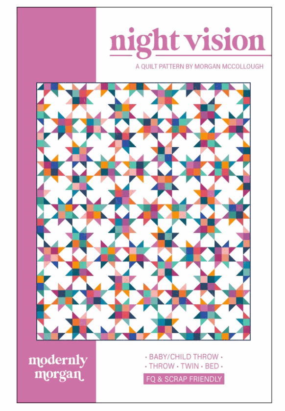 Night Vision Quilt Pattern by Morgan McCollough with colorful patchwork stars on white background