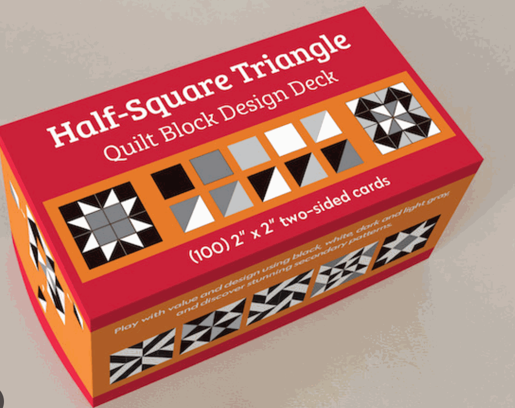 Half-Square Triangle Quilt Block design deck with 100 two-sided 2x2 cards in black, white, dark and light grey patterns