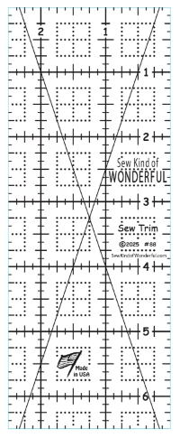 Sew Trim™ clear acrylic quilting ruler with black markings for precise 2-1/2" x 6-1/2" unit squaring and quilting patterns.