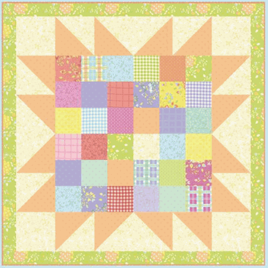 Barn Star Ten Quilt Kit with pastel Sherbet Sunshine Flannel patchwork and star border design