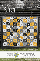 Kira Quilt Pattern by Gudrun Erla showcasing a modern 10-inch square quilt with yellow, gray, black, and white geometric design.