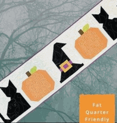 Midnight Magic Table Runner Kit with Halloween-themed fabric including pumpkins and witch hats, 17" x 69" size
