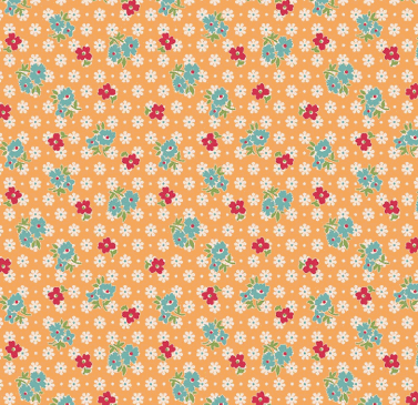 Farmer's Daughter Feedsack fabric with marigold background and colorful small floral pattern by Lori Holt