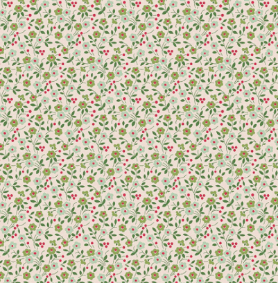 Farmer's Daughter Floral Sage fabric by Lori Holt with small green leaves and pink flowers pattern on beige background