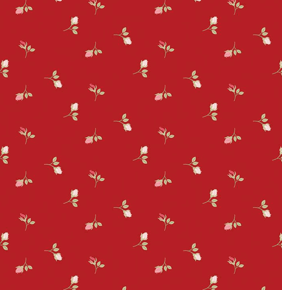 Sew in Love Rosebuds Red quilting cotton fabric with delicate floral pattern on red background by Dani Mogstad
