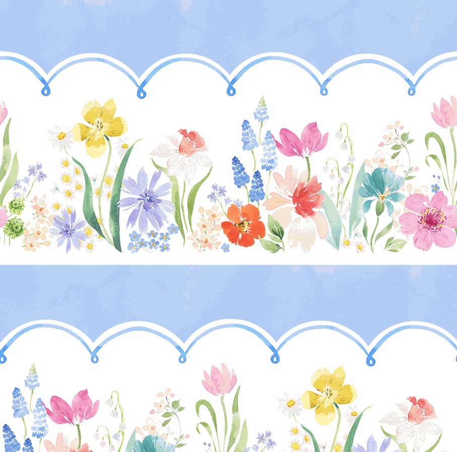 Spring Cheer fabric digital pictorial stripe light denim by Heatherlee Chan for Clothworks