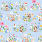 Spring Cheer fabric digital toile light denim by Heatherlee Chan for Clothworks