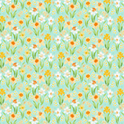 Spring Cheer Digital Daffodils fabric with light teal background by Heatherlee Chan for Clothworks