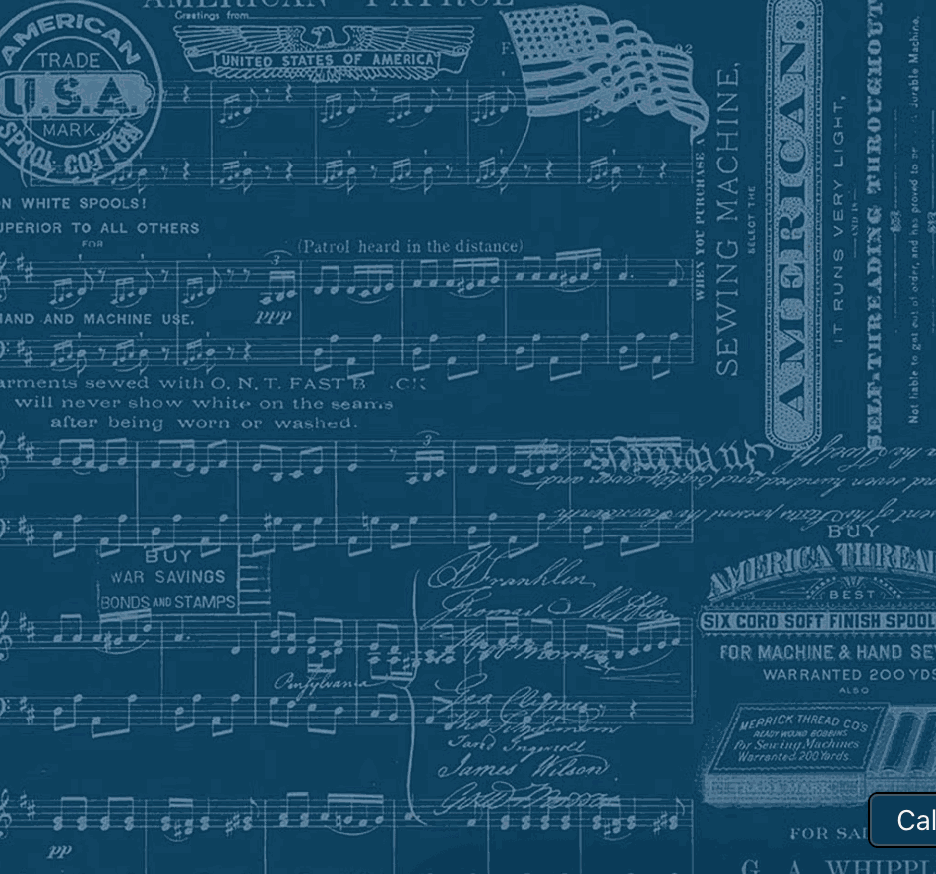 Sew America Posts Parchment fabric with patriotic text and blue vintage sewing motifs