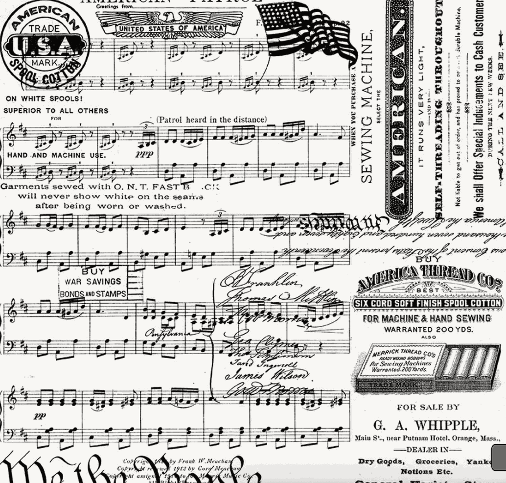 Sew America Posts Parchment fabric with patriotic text and vintage WWII motifs on off-white background