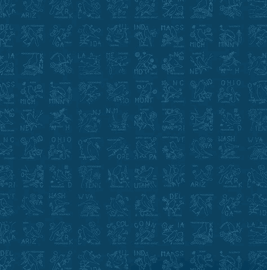 Sew America State Birds Blue fabric with patriotic WWII nostalgia design by J. Wecker Frisch