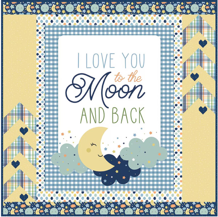 Love You to the Moon blue panel quilt kit with pattern and fabric, 51.5"x51.5" pre-order, October 2026 ship date